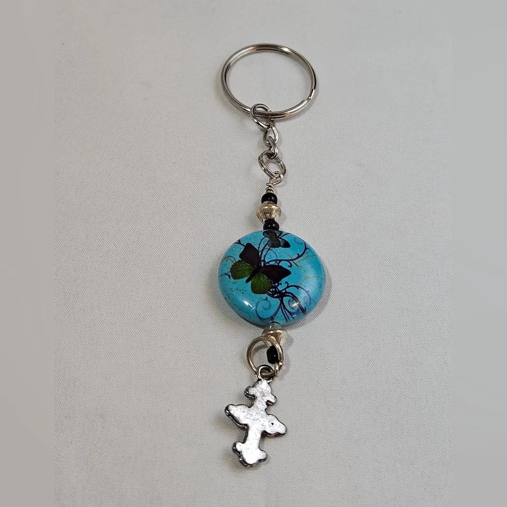 Handmade Turquoise Butterfly and Cross Keychain